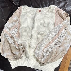 Anthropologie Pilcro Cream Knit Sweater with mauve sleeves XL